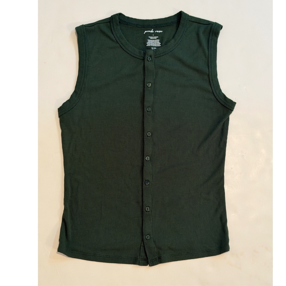 Pink Rose Hunter Green Ribbed Button Front Sleeveless Top Size S SK15732